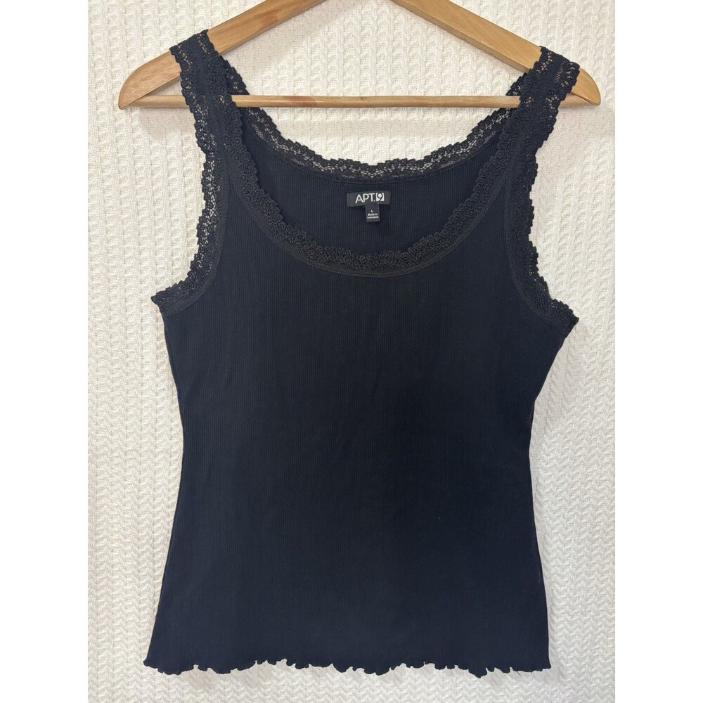 Apt.‎ 9 Ribbed Tank Top Womens L Black Lace Whimsigoth Romantic Y2K Lettuce Hem